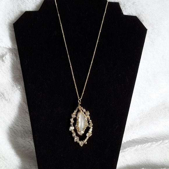 Alexis Bittar Frosted White Lucite with Crystals Necklace in gold setting.